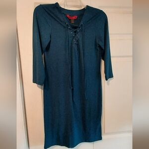 Hot Kiss Dress Sapphire Blue Lace Up Front Tie 3/4 Sleeve V Neck Bodycon Stretch